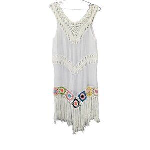🏆049 Bohemian Crochet Fringe White Multi Sleeveless Swimsuit Coverup